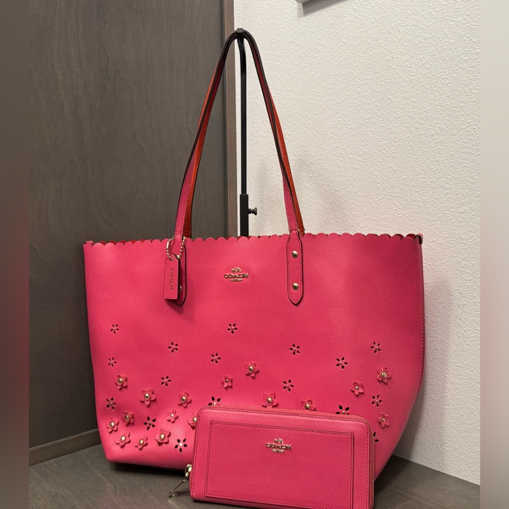 Coach Pink Flower-Embellished Tote with Matching Wallet